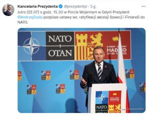Prezydent Andrzej Duda podpisze ustawy ws. ratyfikacji akcesji Szwecji i Finlandii do NATO
